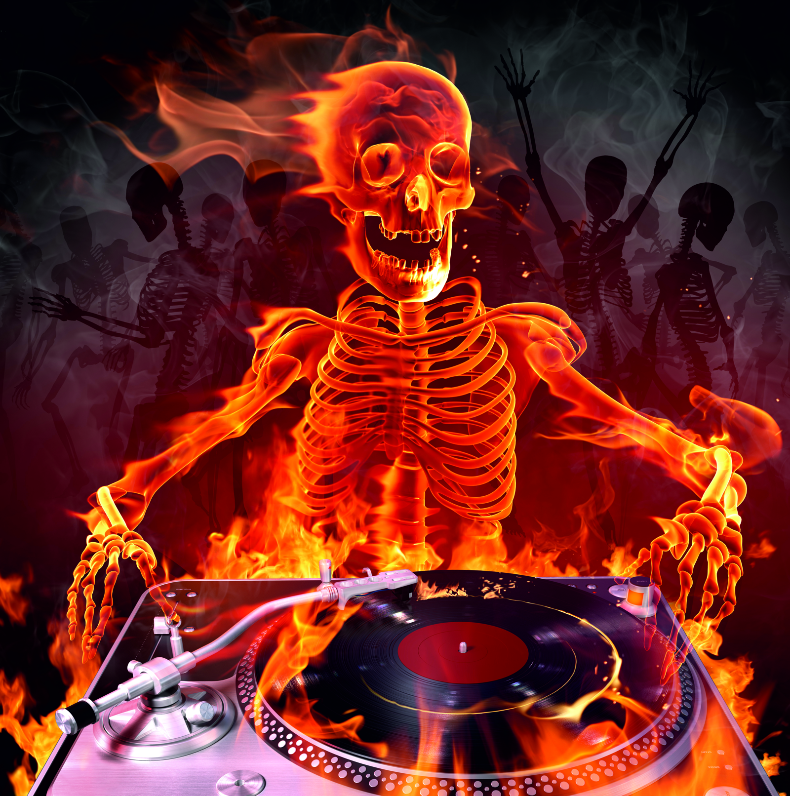 Beistelltisch Couchtisch mit Motiv  DJ Skelett in Flammen