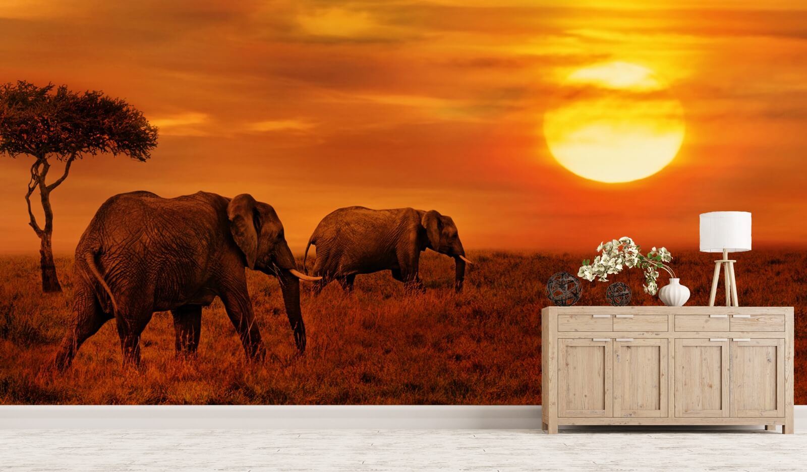Vlies Tapete Fototapete Panorama Elefant Steppe Abendsonne