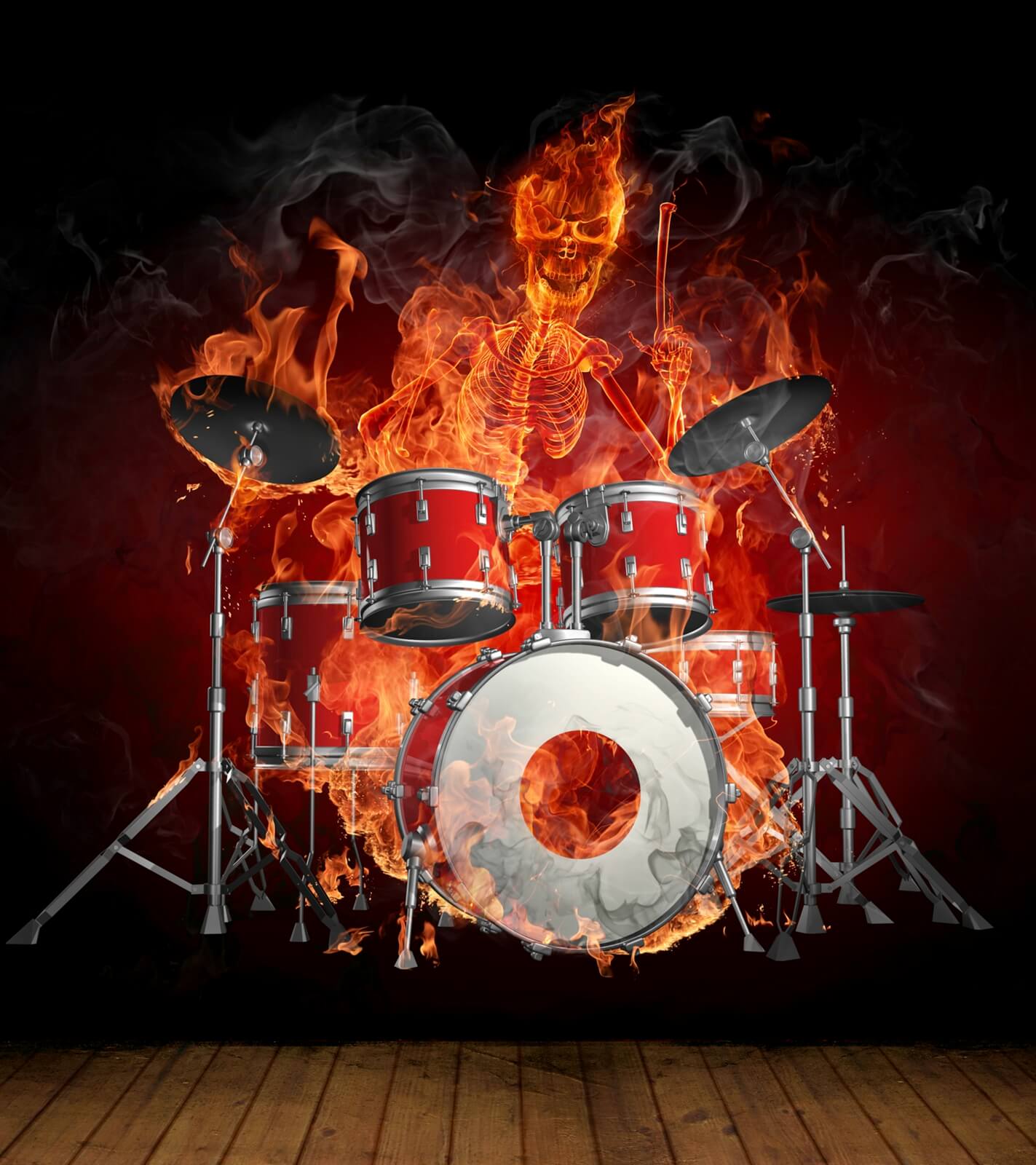 Vlies XXL Poster Fototapete Tapete Flammen Burn brennendes Skelett mit Schlagzeug