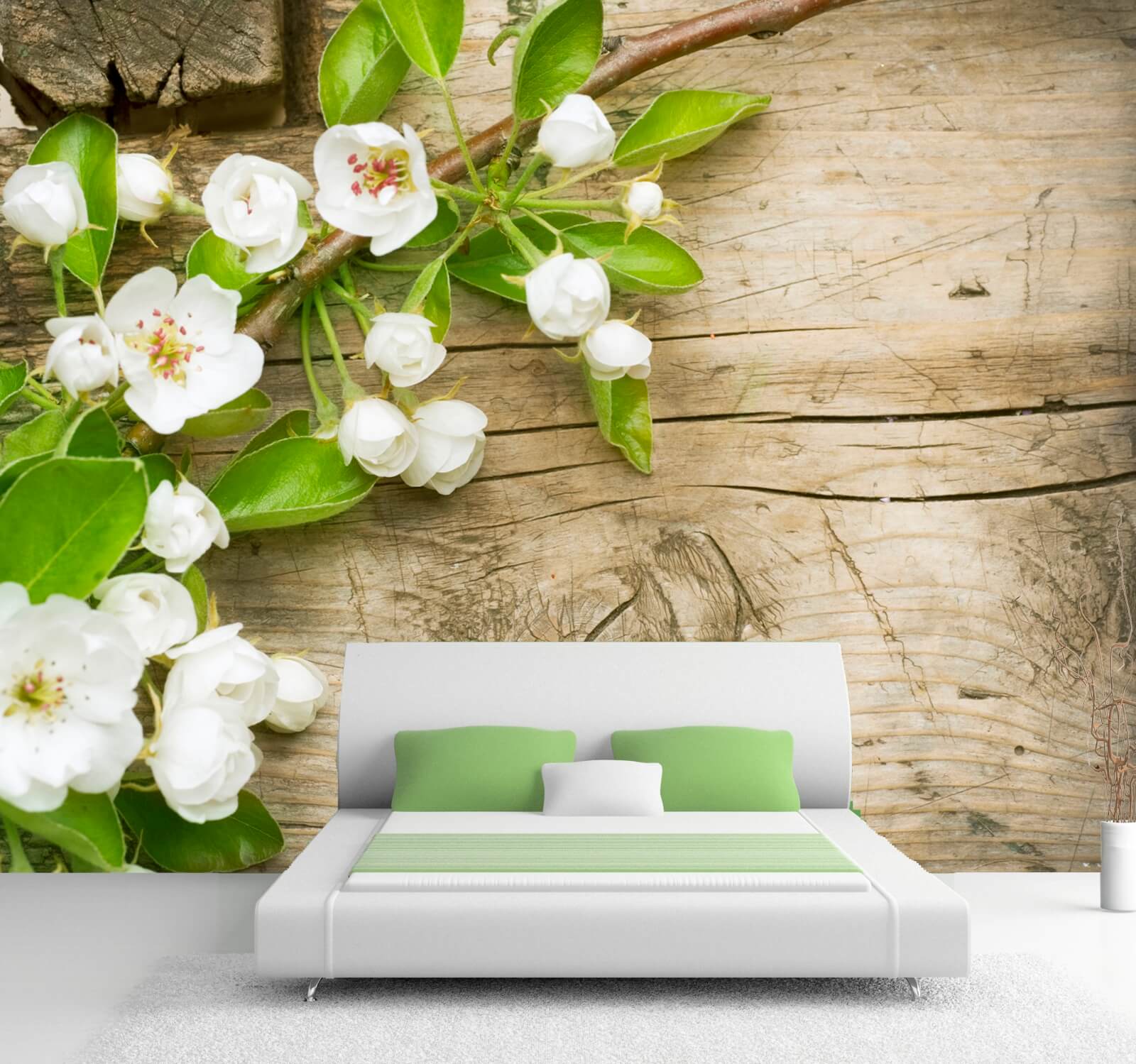 Vlies XXL Poster Fototapete Tapete Natur & Blumen Apfel Blüte in weiß auf Holz