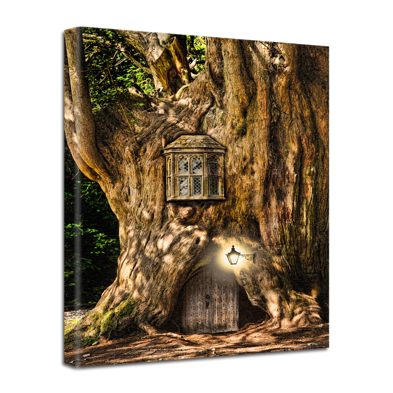 Leinwand Bild edel Fantasy Baum Haus