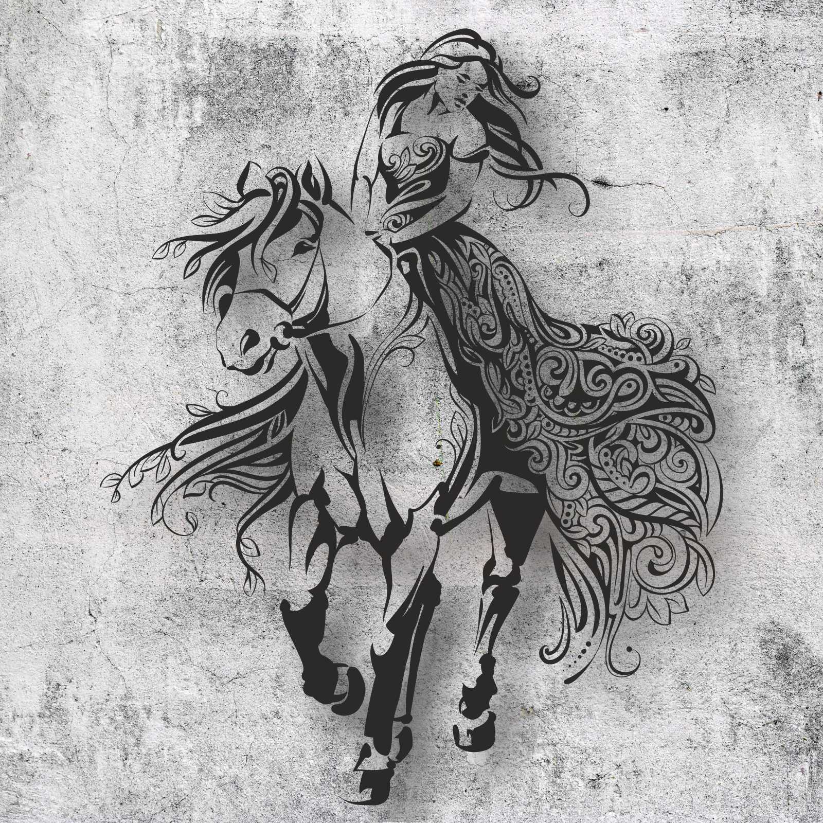 Vlies Tapete Betonoptik Poster Fototapete Tribal Pferd Lady Frau