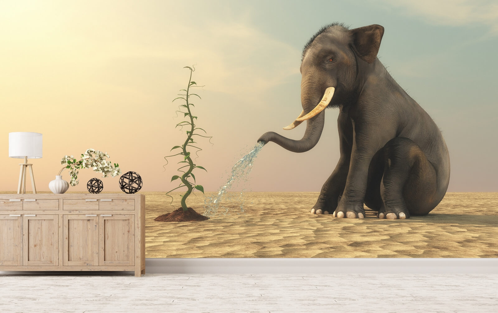 Vlies Tapete Poster Fototapete Panorama Elefant Wüste Pflanze