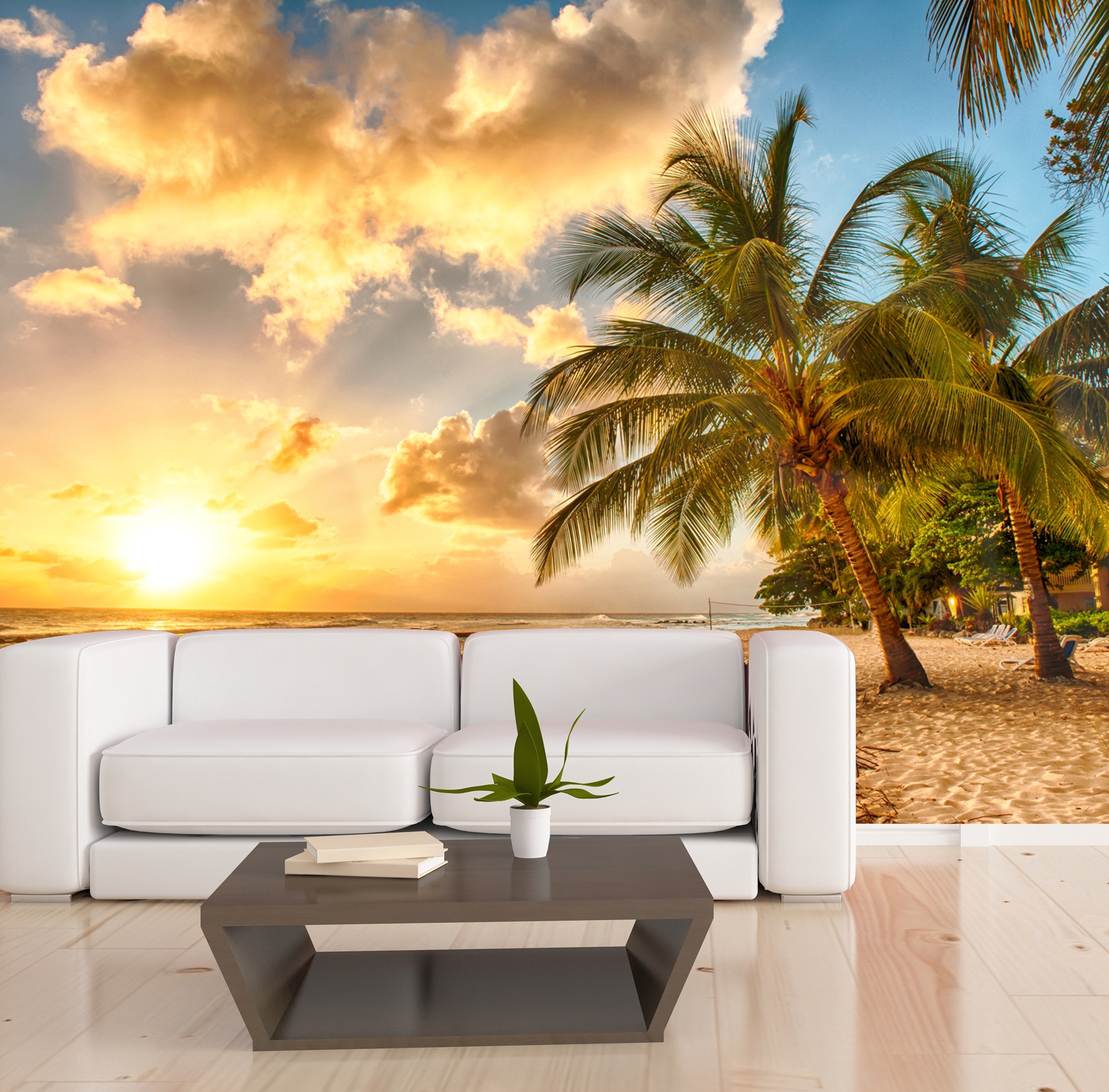 XXL Poster Fototapete Tapete Vlies Natur Karibik Palmen im Sonnenuntergang am Strand