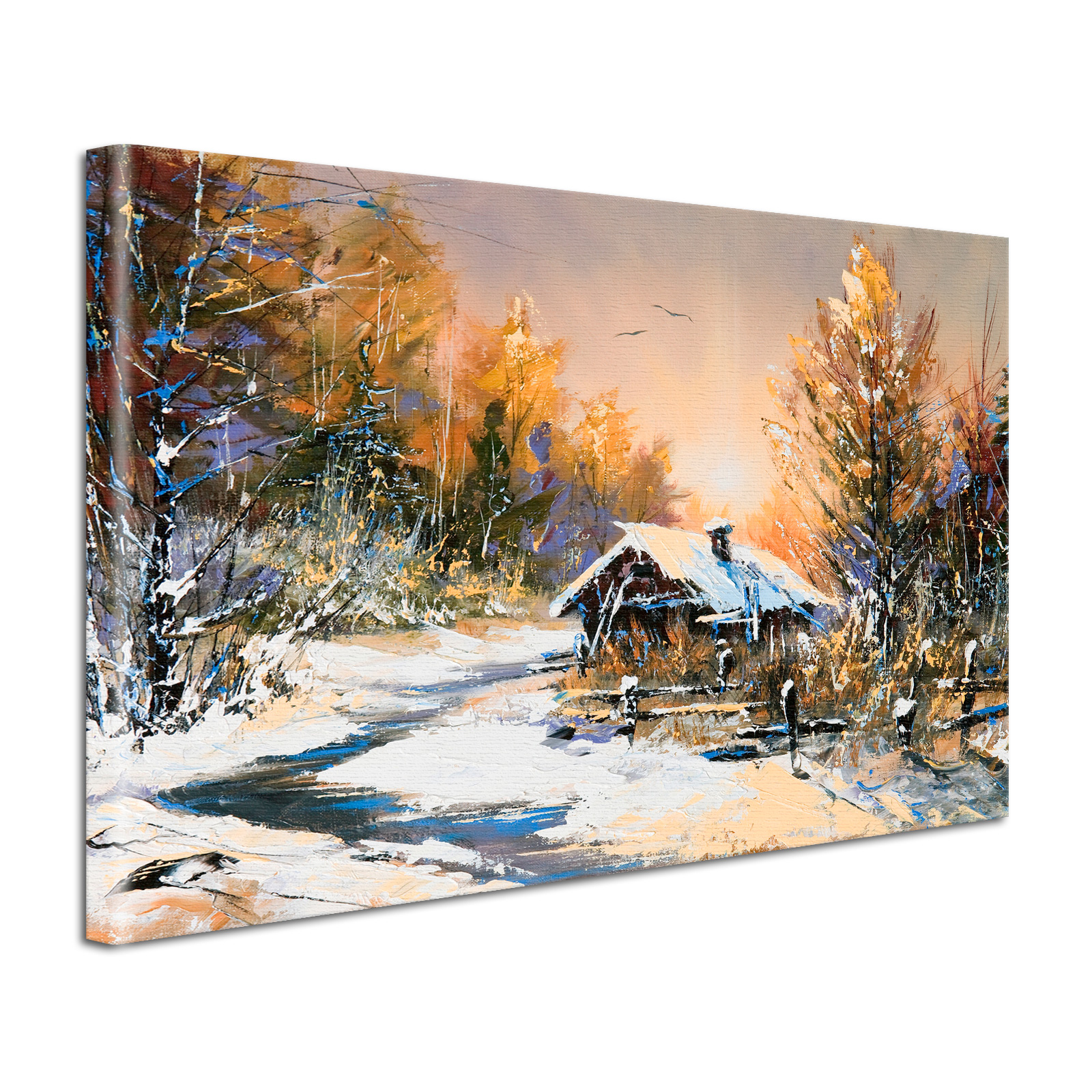Leinwandbild Gemälde Hütte im Winter