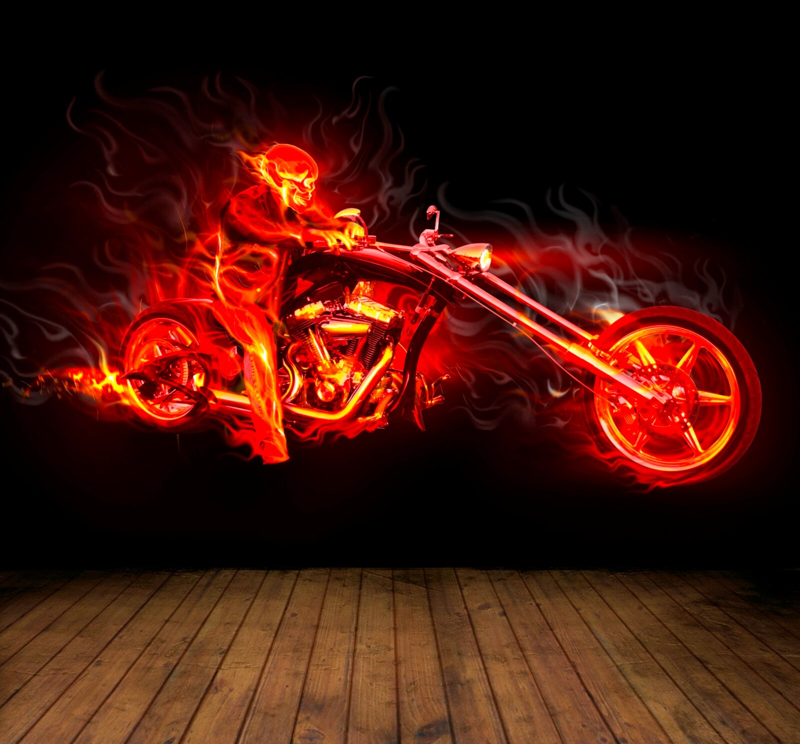 Vlies XXL Poster Fototapete Tapete Flammen Skelett Bike Motorrad