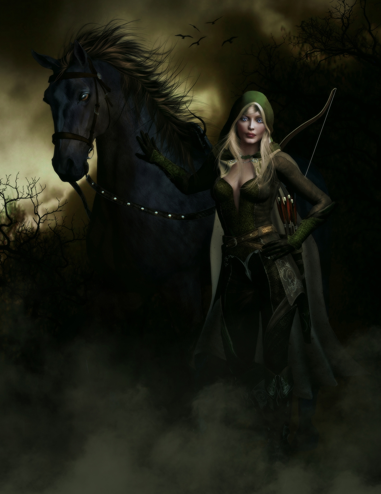 Leinwand Bild edel Fantasy Gothic schwarzes Pferd