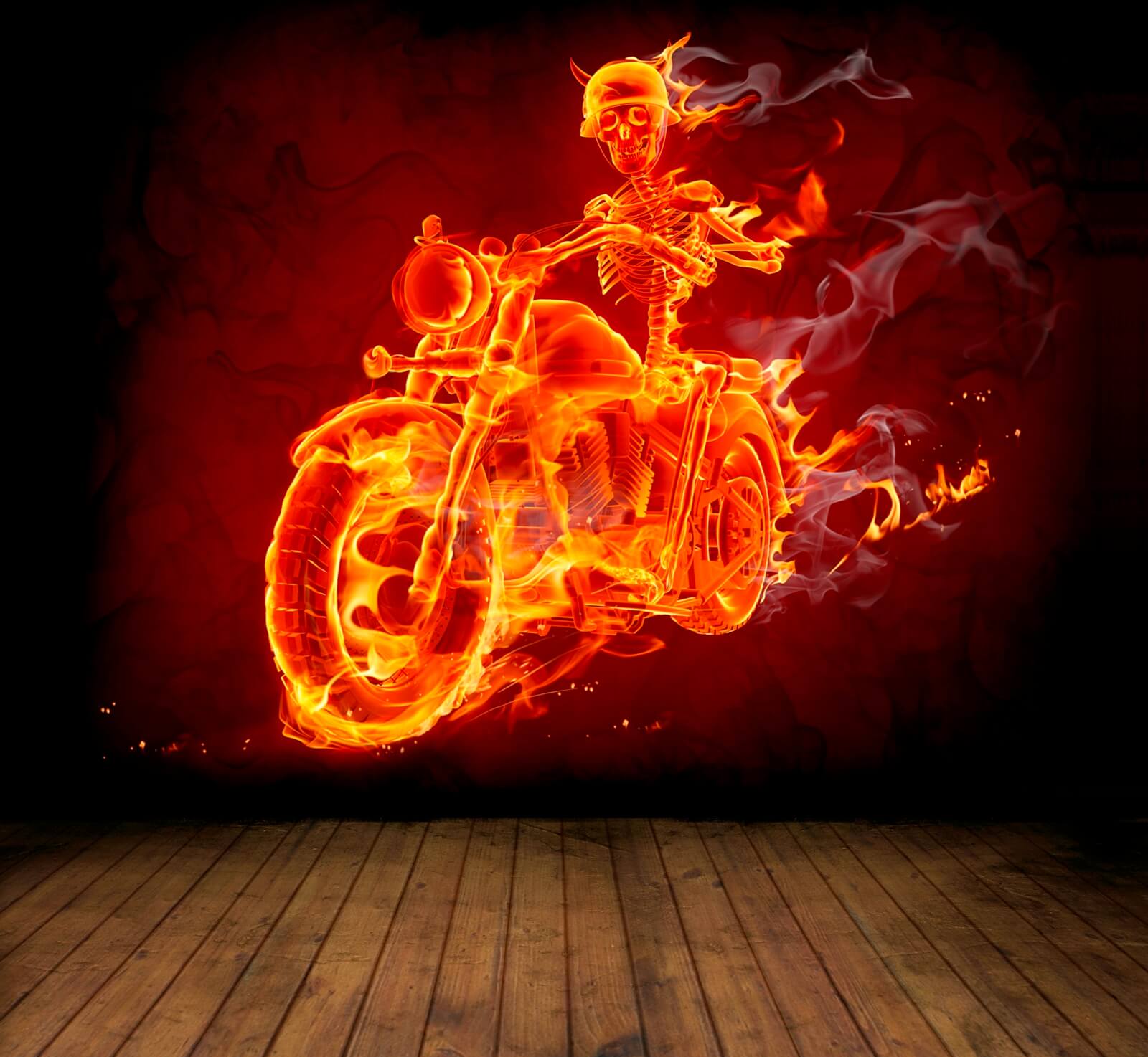 Vlies XXL Poster Fototapete Tapete Flammen Skelett Motorrad