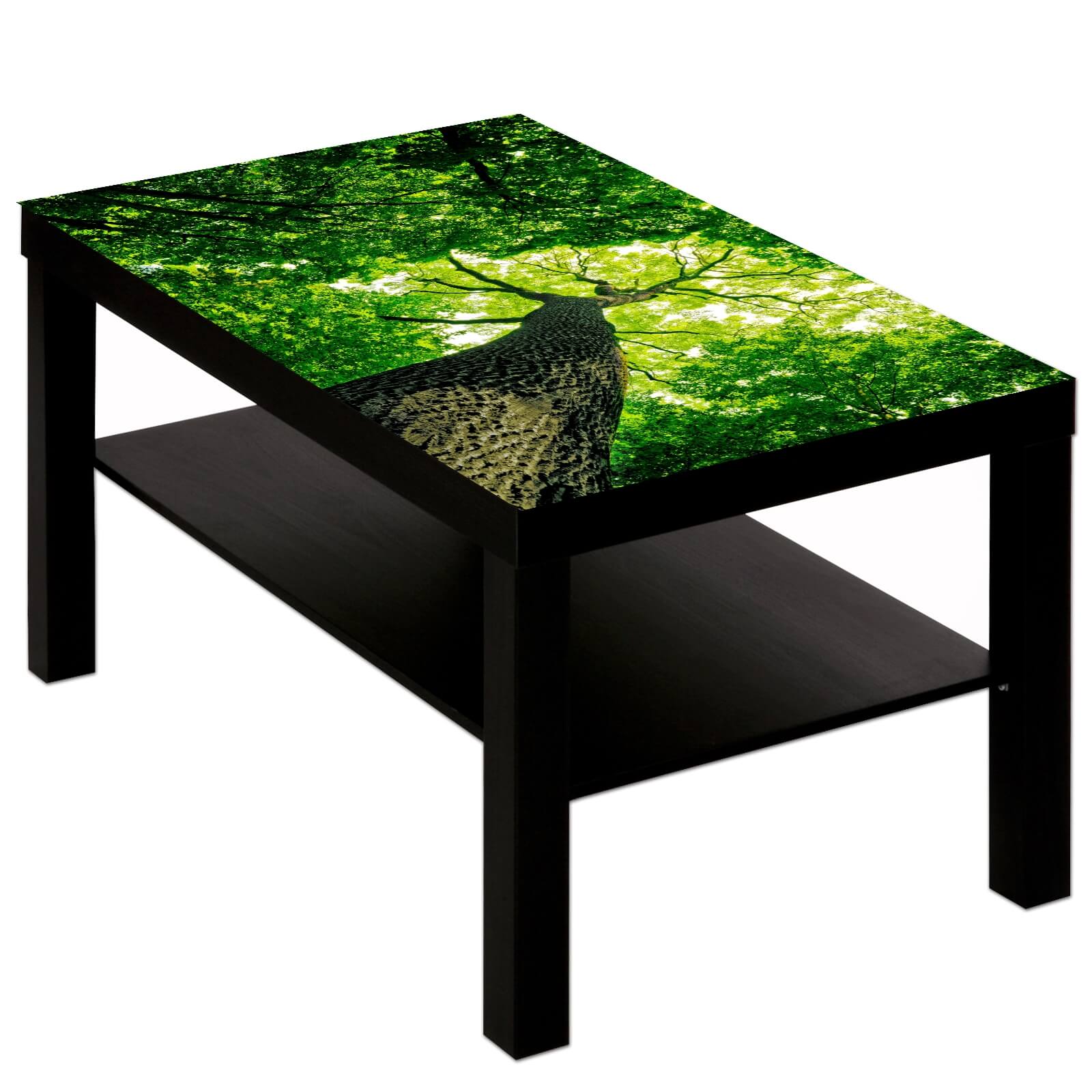 Couchtisch Tisch mit Motiv Bild Wald Blick nach oben Baumspitzen Wipfel