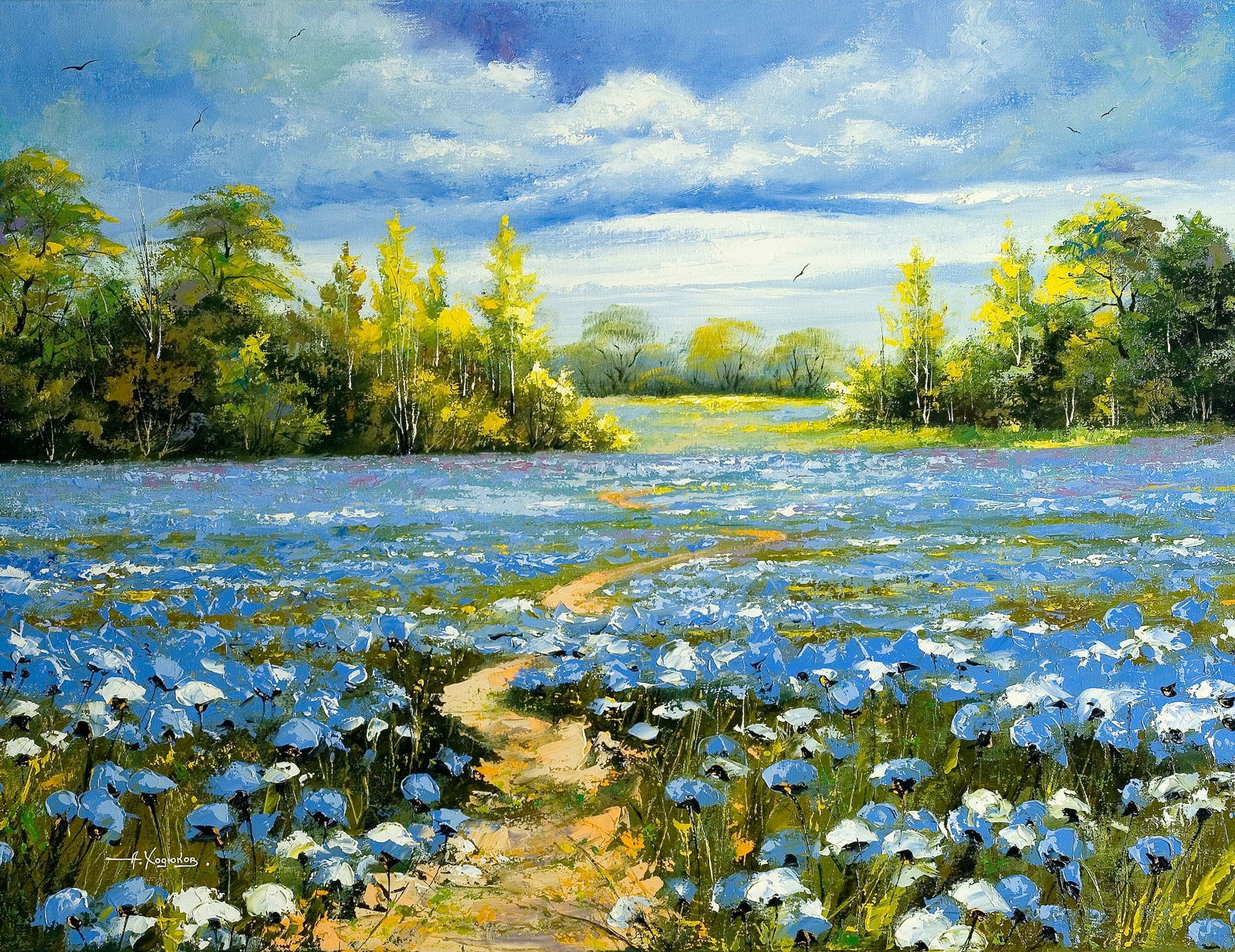 Leinwandbild Gemälde Blütenlandschaft