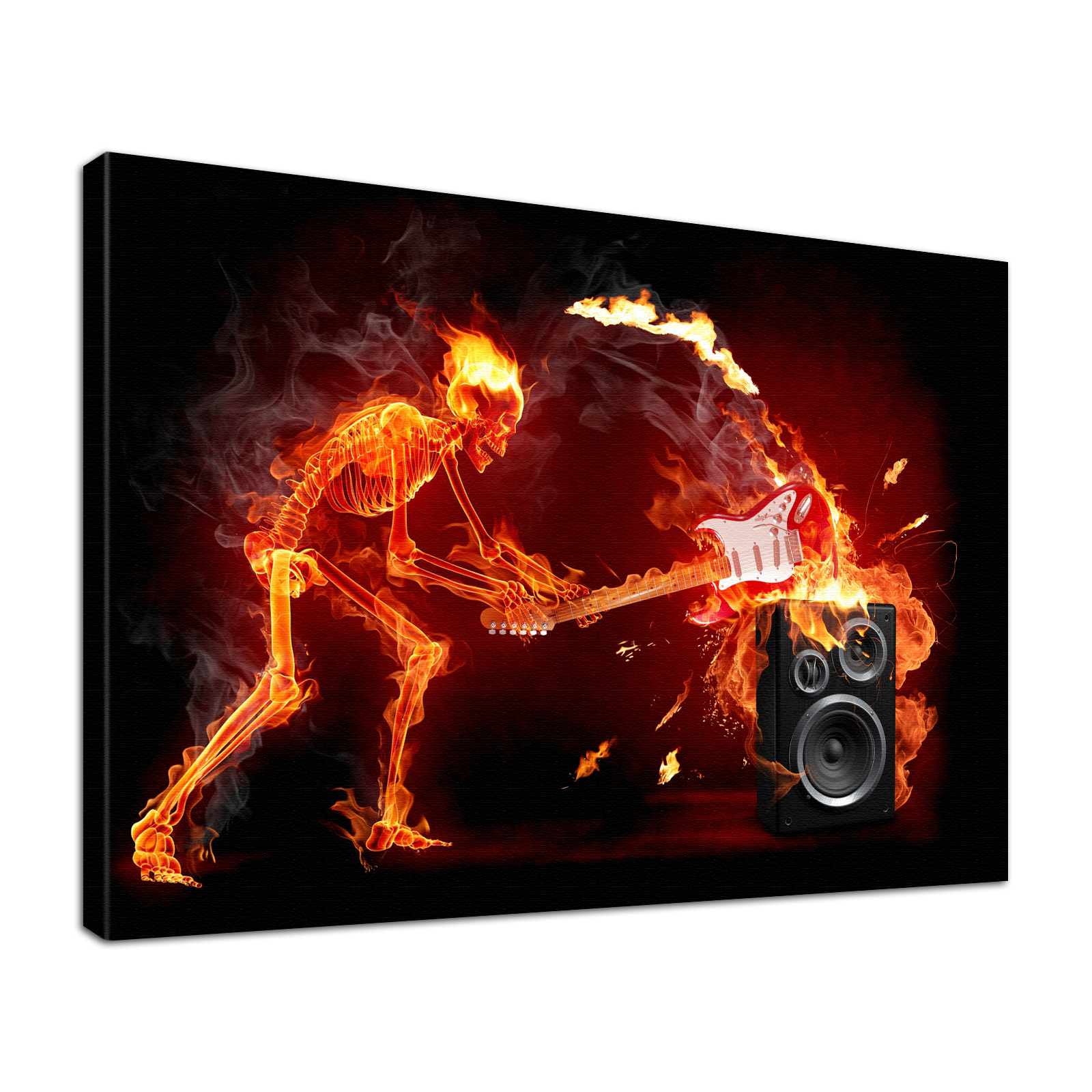 Leinwandbild Burn Skelett und Gitarre vs. Lautsprecher in Flammen