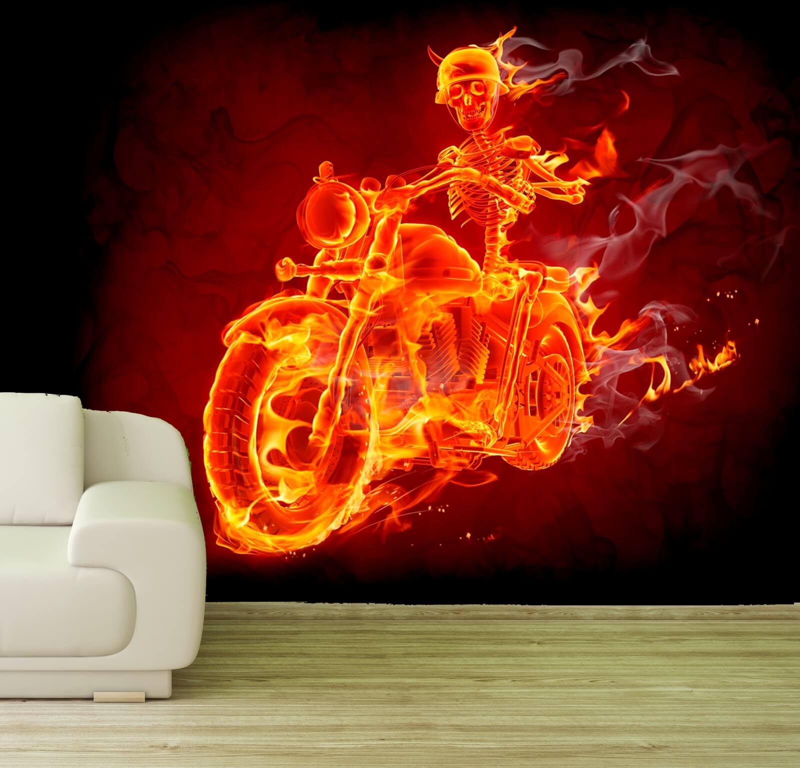 Vlies XXL Poster Fototapete Tapete Flammen Skelett Motorrad