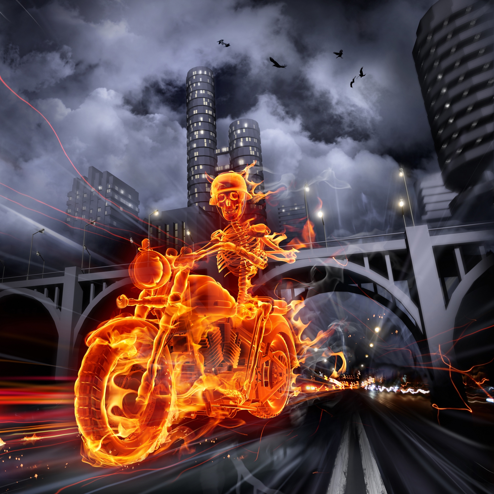 Vlies XXL Poster Fototapete Tapete Flammen brennendes Skelett mit Motorrad in der Nacht