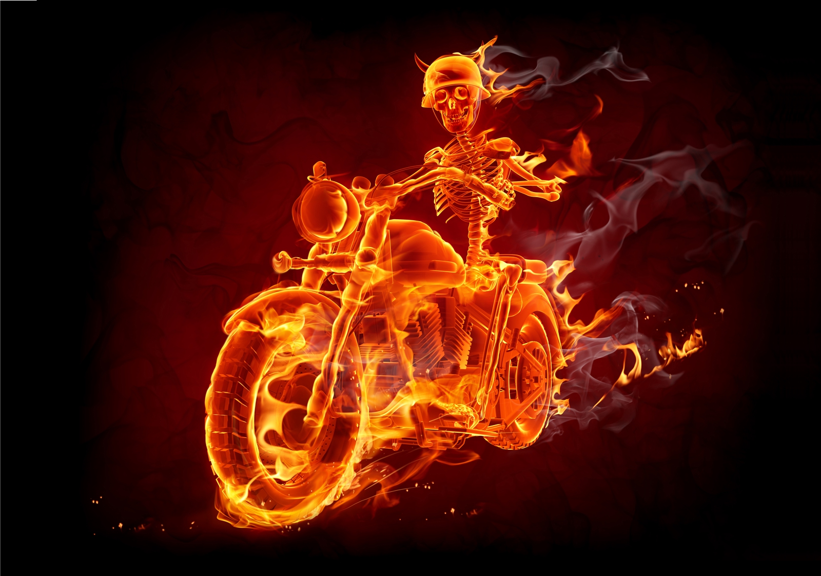 Leinwandbild Burn Skelett in Flammen auf dem Motorrad