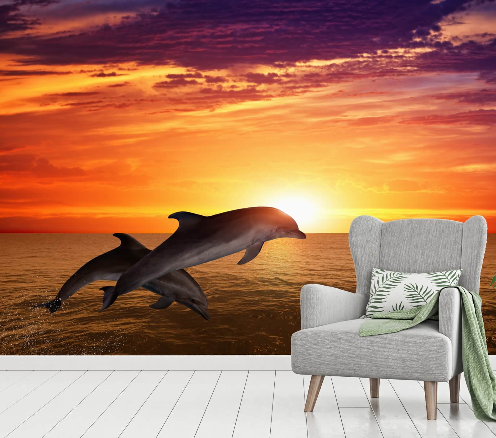 Vlies Tapete XXL Poster Fototapete Delfin Meer Sprung Sonnenuntergang