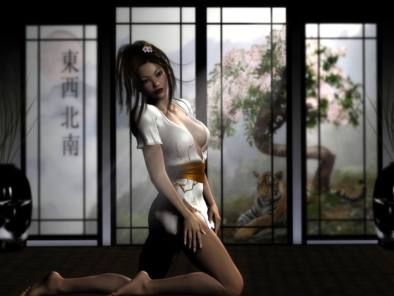 Vlies Tapete Poster Fototapete Fantasy Geisha Tiger