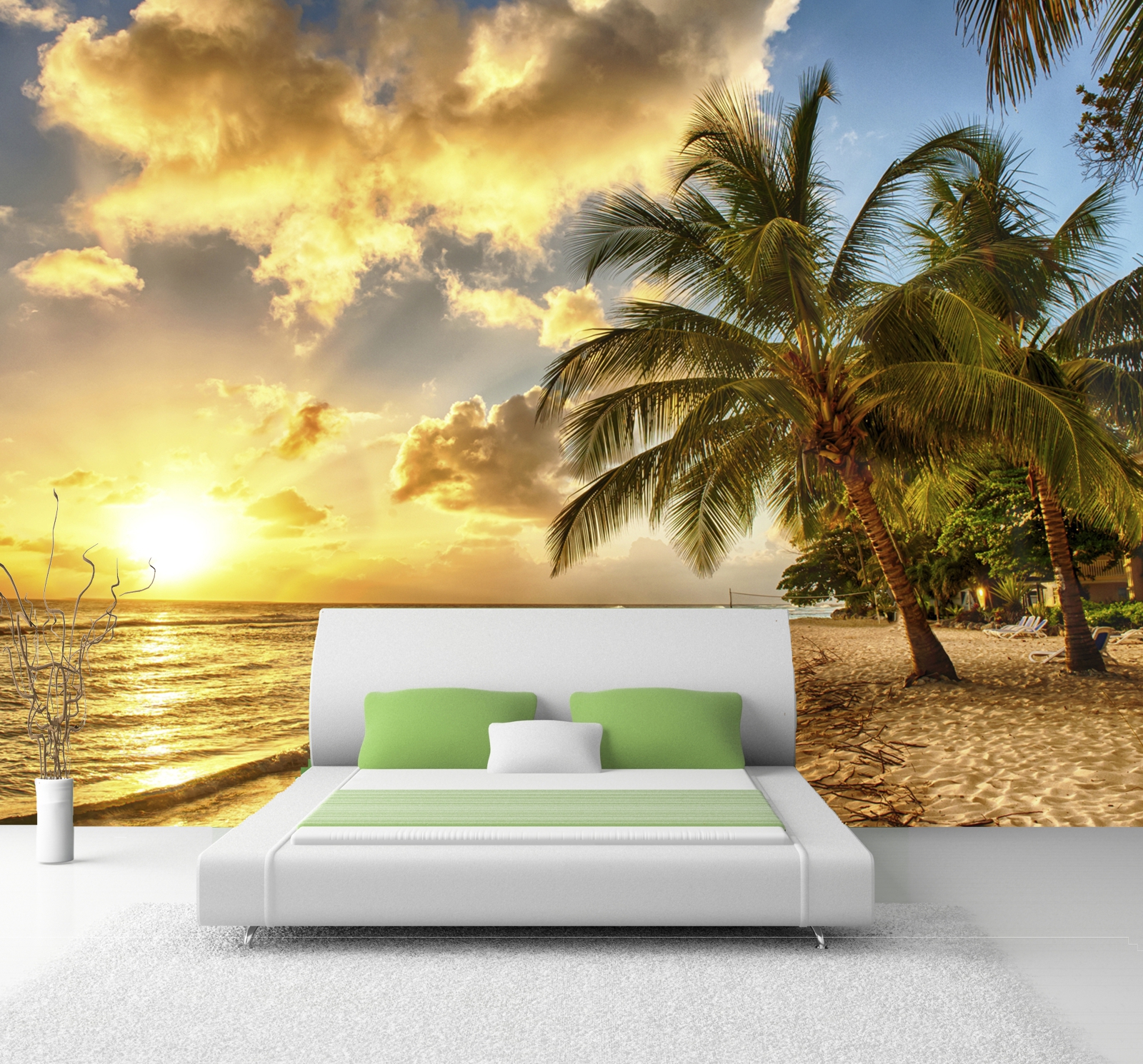 XXL Poster Fototapete Tapete Vlies Natur Karibik Palmen im Sonnenuntergang am Strand