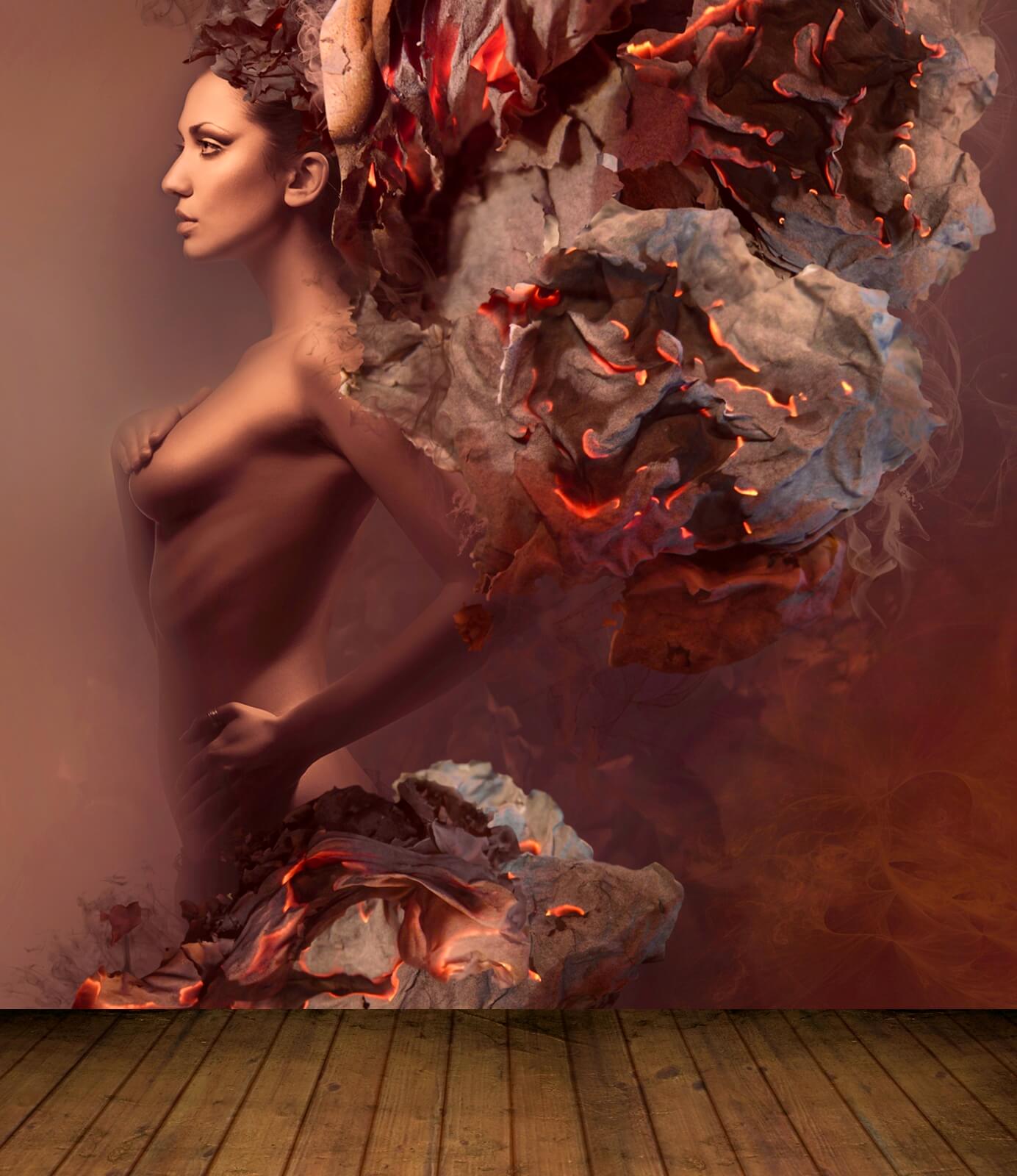 Vlies XXL Poster Fototapete Tapete Flammen Burn Erotik Fire Lady