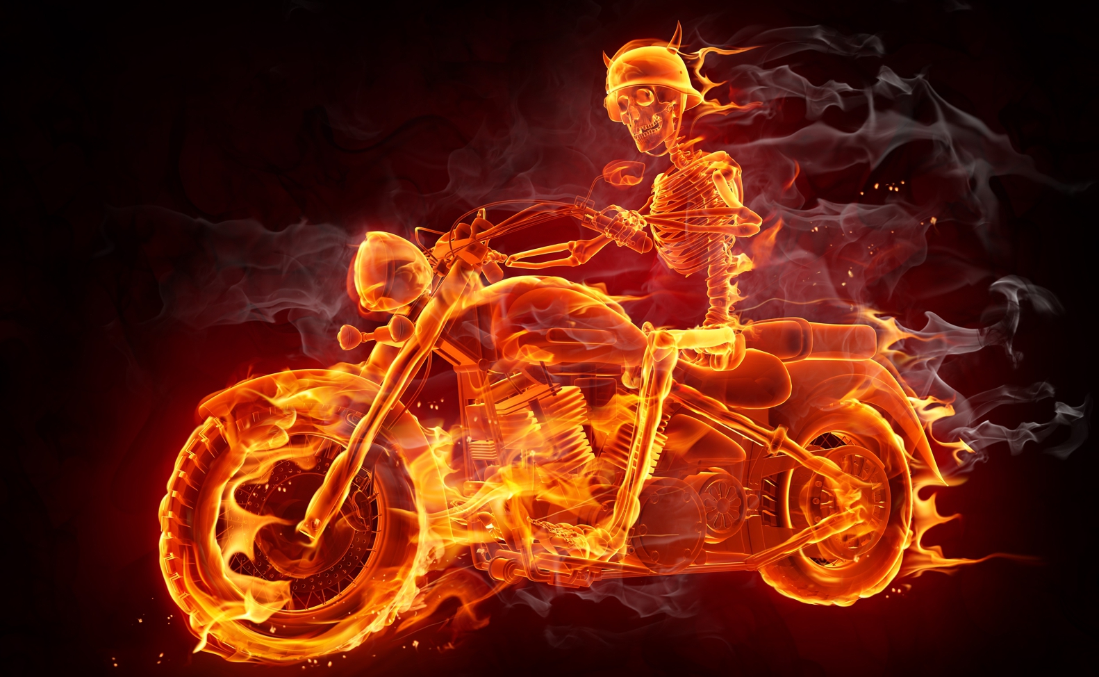 Couchtisch mit Motiv Skelett auf dem Bike in Flammen