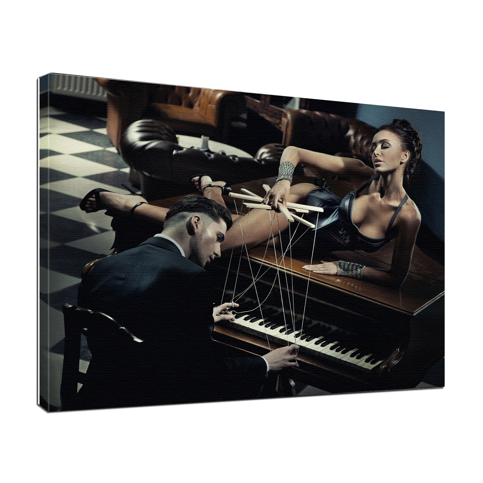 Leinwandbild Bild Erotik Piano Player sepia, schwarz/weiß, color