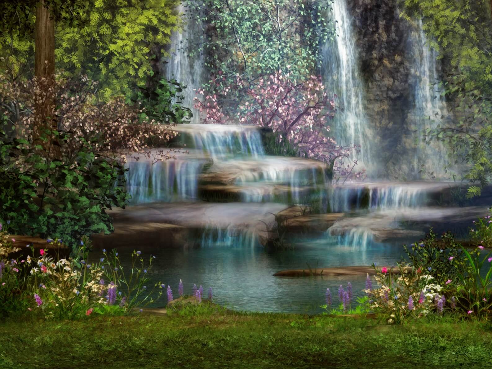 Vlies Tapete Poster Fototapete Fantasy Wasserfall Blumen Natur
